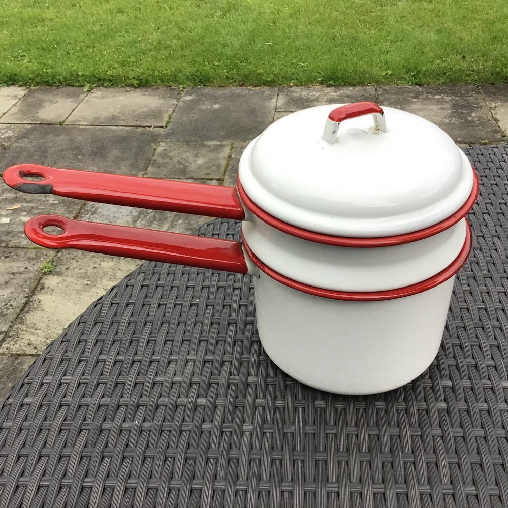 Vintage Enamel Double Boiler White Red 3 Piece Set Farmhouse